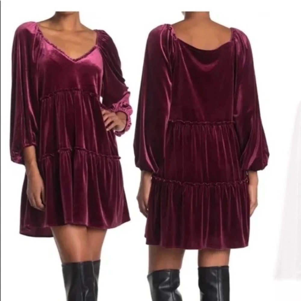 Betsy Johnson V-Neck Velvet Tiered Long Sleeve Babydoll Mini Dress - XS